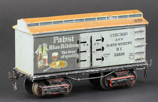 Marklin gauge 1 Pabst Beer boxcar, German, est. $3,500-$4,500. Bertoia Auctions image.